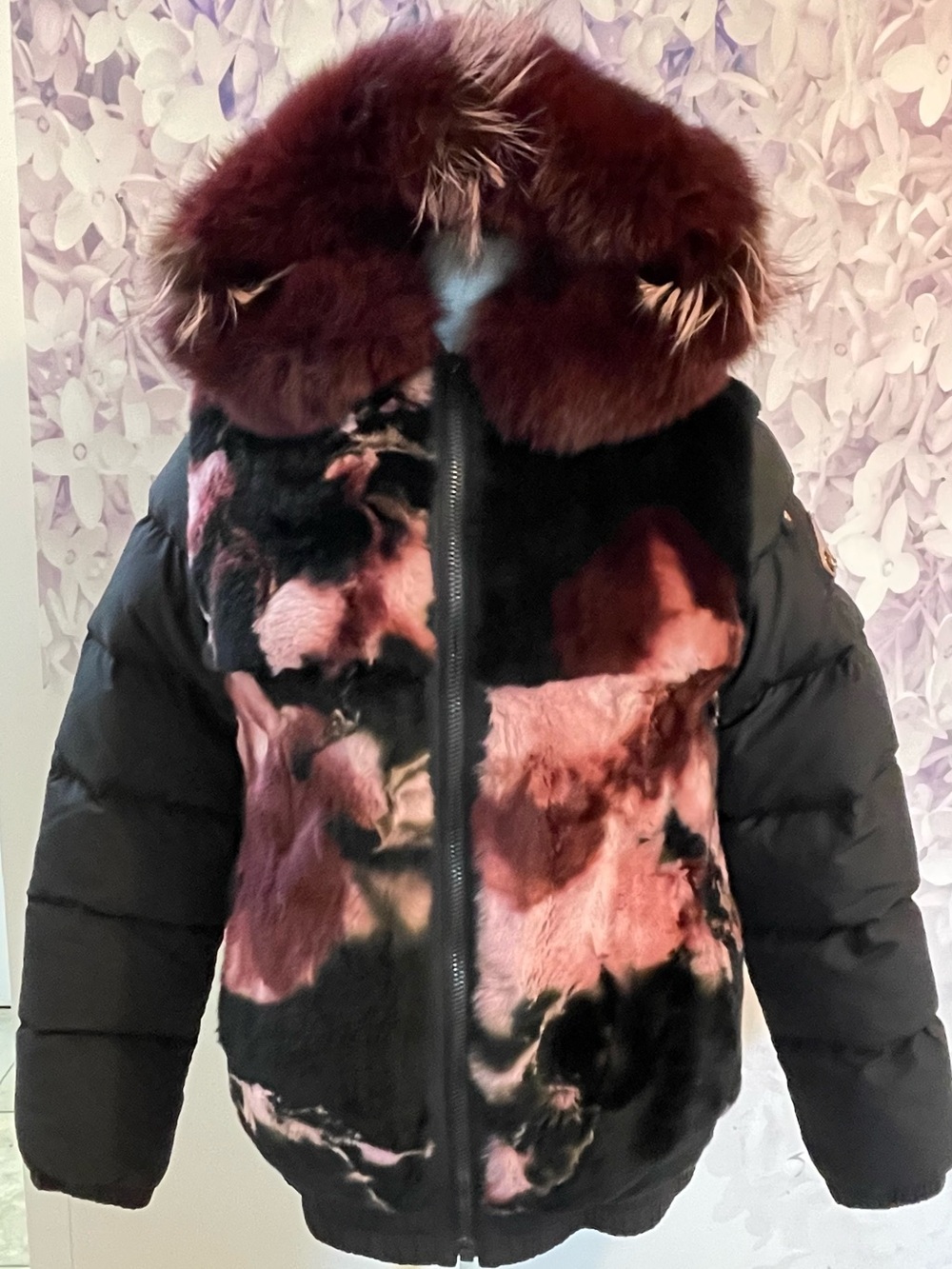 Moose Knuckles Pink,Burgundy and Black Fur Puffer Bomber
